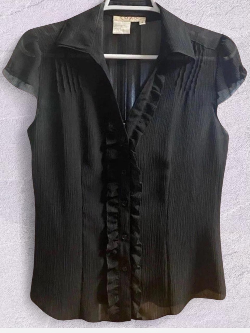 Vintage Y2K COMO Black Sheer Ruffle Button Front Short Slv Blouse W/Cami Small
